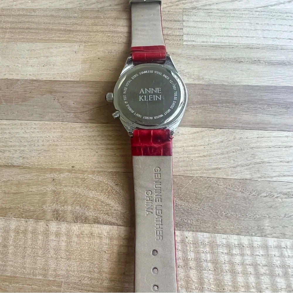 Anne Klein ladies diamond Swiss red leather sport watch NEW BATTERY